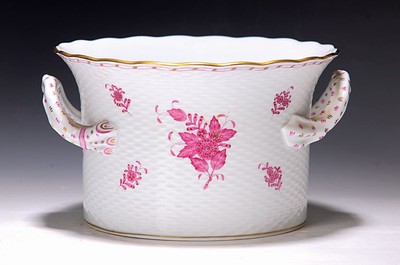 Blumenübertopf, Herend Ungarn, Dekor Apponyi purpur, zwei Henkel, H. ca. 16cm, innen D. ca. 19cm