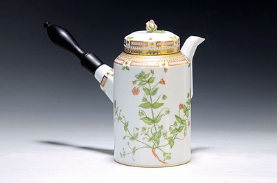 Schokoladenkanne, Kgl. Kopenhagen, Serie Flora Danica, Aragallis arvensis, handbemalt, Goldstaffage, Ebenholzhenkel, H. ca. 17.5cm