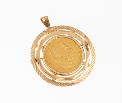 18 kt Gold Münz Anhänger/Brosche, GG 750/000, Goldmünze: 20 Kronen, Österreich 1894, Franz Joseph I., offizielle Nachprägung,total ca. 13.5 g