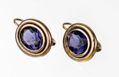 Paar 14 kt Gold Iolith-Ohrhänger, WG 585/000, 2 ovalfacett. Iolithe zus. ca. 9.50 ct, ca. 10.5 g, neue Rhod. empfohlen