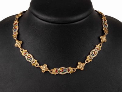 14 kt Gold Collier mit Email, GG 585/000, um 1880, bunt floral emaill. Elemente, grav., L. ca. 48 cm, Federringschließe sek., ca. 19.2g