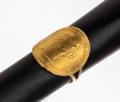 14 kt Gold Münzring, GG 585/000, Ringkopf gebogene Goldmünze, 20 Kronen Österreich Ungarn, 1915 offizielle Nachprägung, RW 52, ca. 7.8 g