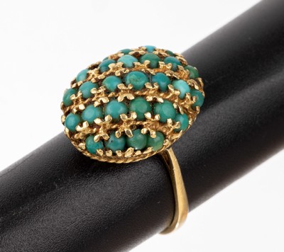 18 kt Gold Türkis-Ring, GG 750/000, ovaler Ringkopf mit kl. runden Türkiscabochons, RW 59, ca. 9.1 g, Reinigung empfohlen