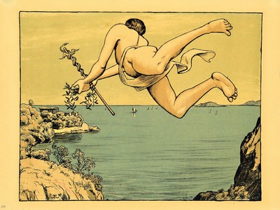 Hans Thoma, 1839 Bernau-1924 Karlsruhe, 2 Farblithographien: Fliegender Merkur mit Caduceus, 1897, handsign., ca. 35x45cm; Triton und Nereide, 1895, ...