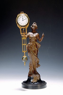 Tischuhr Mysterieuse, Junghans um 1910, Jugendstil, Holzsockel, Jugendstil, Bronzeskulptur einer Frau, Schwungpendel, Emailzifferblatt sign. Junghans ...