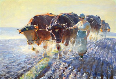 Max Bergmann, 1884 Fürstenberg-1955 Haimhausen, Bauernpaar beim Pflügen mit einem Ochsenfuhrwerk, Öl/Lwd, rechts unten signiert, ca. 70x100cm, ...