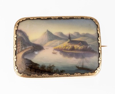 14 kt Gold Miniaturmalerei-Brosche, GG 585/000, um 1870-80, Porzellanmalerei: romantisierende Flusslandschaft mit Kirche, schlichte Rahmung, ca. 4.8 ...