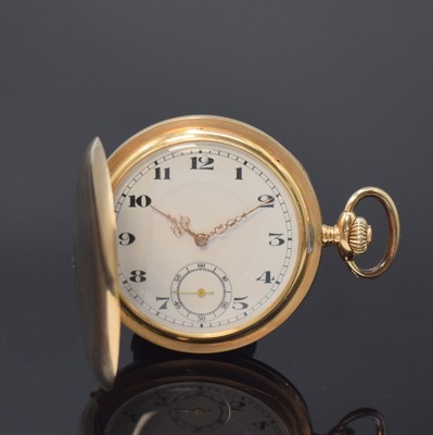 Herrensavonette in RG 585/000, Schweiz um 1920, glattes Geh., Metallcuvette, Emailzifferbl. m. arab. Zahlen, kl. Sek. b. 6, verg. Ankerwerk, ...
