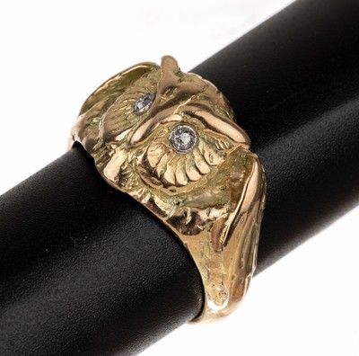 14 kt Gold Diamant-Ring "Eule", GG 585/000,plastischer Ringkopf, Augen 2 kl. Altschliffdiamanten, RW 64, ca. 16.8 g