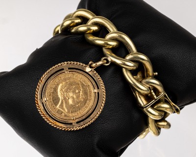 Armband mit 18 kt Gold Münzanhänger, GG 750/000, Armband Metall verg., schlichter Anhänger, lose gefasste 20 Mark Goldmünze, Deutsches Reich ...