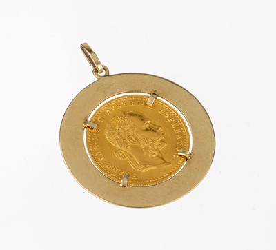 14 kt Gold Münzanhänger, GG 585/000 gepr., schlicht, lose gefasste Goldmünze, 1 Dukat, Österreich-Ungarn 1915, offizielle Nachprägung, D. ca. 3 ...