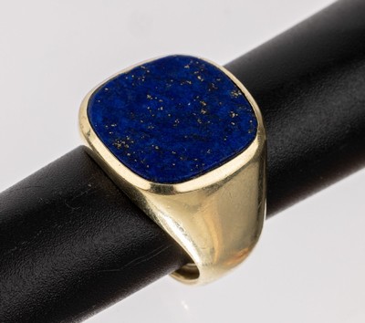 14 kt Gold Lapislazuli-Ring, WG 585/000 gepr., freie Lapislazuli-Platte, Ringschiene mit Verkleinerung, RW 46, ca. 10.2 g
