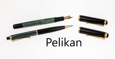 Pelikan Schreibset, best. aus: Druckbleistift und Füller, Zellulose Acetat inschwarz und grün, Füller mit Feder, GG 585/000, Gebr.-Spuren, in ...
