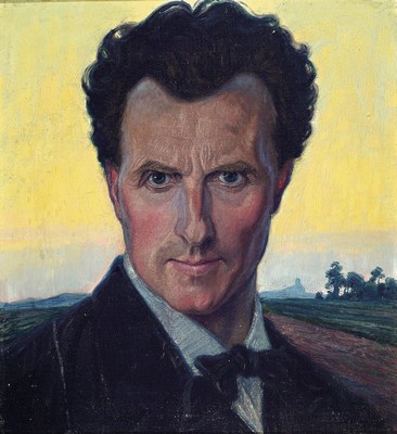 Unbekannter Künstler, wohl Albert Haueisen (1872 Stuttgart-1954 Kandel), 2 Pendants, Herren- und Damenporträt, Herrenbildnis vor Kulturlandschaft, ...