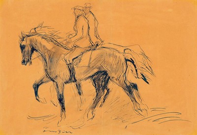 Otto Dill, 1884 Neustadt/Weinstr.-1957 Bad Dürkheim, zwei Reiter mit Pferden, lavierte Tuschfederzeichnung auf Papier (gebräunt), links unten ...