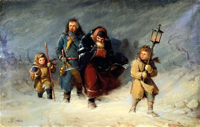 Unbekannter Monogrammist, Russland, um 1900, Trauerzug in Wintersturm, Öl/Lwd, links unten monogrammiert kyrillisch, 60x95 cm, Rahmen 73x106 cm