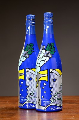 2 Flaschen 1985 Taittinger Collection Roy Lichtenstein, Champagne, Brut, Künstleredition, ca. 75cl, 12% Vol., berieben