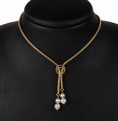 14 kt Gold Zuchtperl-Collier, GG 585/000, Mittelteil mit bewegl. Abhängungen mit 4 Akoyazuchtperlen, D. ca. 5.4-6 mm, L. ca. 45 cm, ...