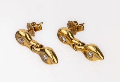 Paar 14 kt Gold Brillant-Ohrstecker, GG 585/000, schlichte Gestaltung mit bewegl. Abhängung, 4 Brillanten zus. ca. 0.16 ct feines Weiß-Weiß/si, ...