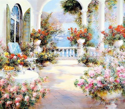 Lucia Sarto, geb. 1950 in Porporette, bei Udine, wirkte in Mailand, Terrasse mit Blick auf den Hafen, Öl/Lwd, signiert, ca. 70 x 80 cm, ...