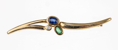 14 kt Gold Farbstein-Brillant-Brosche, GG 585/000, ovalfacett. Saphir und Smaragd, Brillant ca. 0.08 ct Weiß/si, L. ca. 6.5 cm, ca. 8.2 g, ...