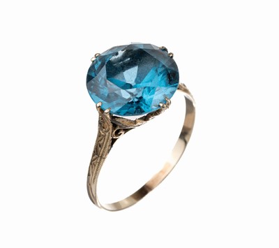 14 kt Gold Ring, 1930er Jahre, GG 585/000, blauer rundfacett. synth. Spinell, ca. 3.1 g, RW 59