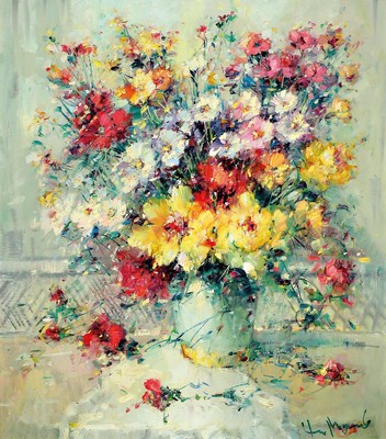 Paul Morro (Infried Paul Henze-Morro), 1925 Leipzig-2013, Studium an den Akademien Leipzig und München, hier: Blumenstillleben, Öl/Lwd, rechts ...