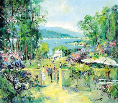 Paul Morro (Infried Paul Henze-Morro), 1925 Leipzig-2013, Studium an den Akademien Leipzig und München, hier: Im Park am Gardasee, Öl/Lwd, rechts ...