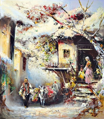 Anoush Rhanarvardkar, 1924 Teheran-1983 München, Menschen vor dem Haus, Winter, Öl/Lwd, rechts unten signiert, ca. 80x70cm, R.ca. 92x82cm