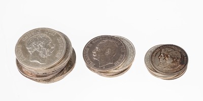 Konvolut 20 Silbermünzen, Deutsches Kaiserreich, 9 x 5 Mark: 3 x Friedrich Grosherzog von Baden 1875, 1898, 1903, 1 x Friedrich II Grosherzog von ...
