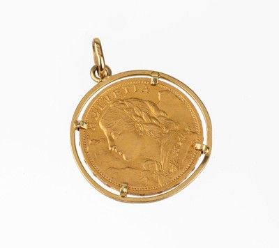 Goldmünze 20 Schweizer Franken, 1909, sogen. Vreneli, in 18 kt Goldfassung, GG 750/000, total ca. 7.6 g