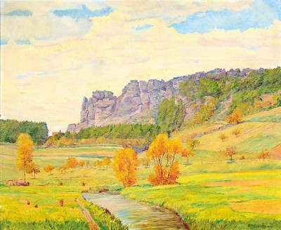 Willy Deutschmann, 1880 Oberflörsheim-1960 Petersbächel, Weite sommerliche Landschaft mit Bachlauf und Felsformationen im Hintergrund, wohl ...