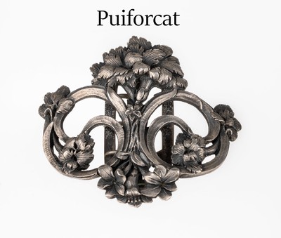 Schwere Jugendstil Gürtelschließe EMIL PUIFORCAT, Frankreich um 1900, 800er Silber,floraler Dekor in symm. Aufbau, graviert, punziert und z.T. ...