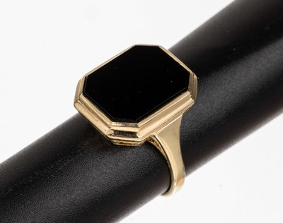14 kt Gold Onyx-Siegelring, GG 585/000, um 1930, oktogonale Onyx-Platte frei, RW 55, ca. 6.4 g