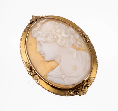 8 kt Gold Kamee-Brosche, GG 333/000 gepr., um 1890, ovale Muschelkamee, Darstellung einerjungen Dame im Profil, l. rissig, Rahmung mit Rocaillen, ...