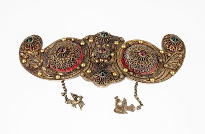 Außergewöhnliche Gürtelschließe, Metall, osmanisch um 1880, aufwendige Filigranarbeit, mit farbigen Glassteinen, ca. 22 x 8.5 cm, sammelwürdig, ...