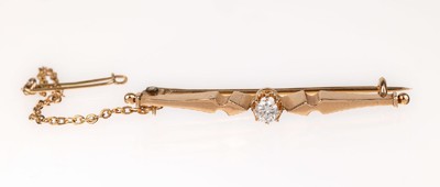 14 kt Gold Diamant-Stabnadel, RG 585/000, um 1880, Altschliff-Diamant ca. 0.10 ct, mit Sicherheitskettchen, L. ca. 4 cm, ca. 4.5 g