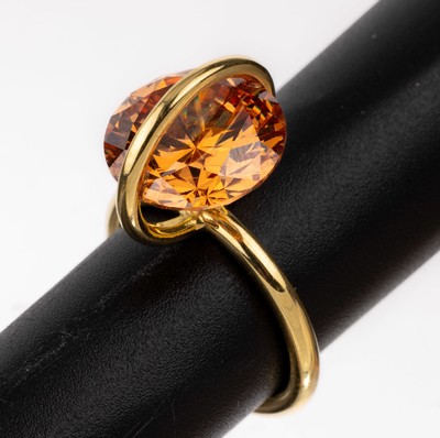 18 kt Gold Zirkon-Ring, GG 750/000, außergewöhnliche Gestaltung, rundfacett. orangefarb. Zirkon, RW 53, ca. 7.7 g