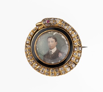 14 kt Gold Diamant-Brosche mit Miniaturmalerei, um 1890, GG 585/000 gepr.,mittig Malerei, Darstellung eines Mannes, umlaufend schwarzes Email, ...