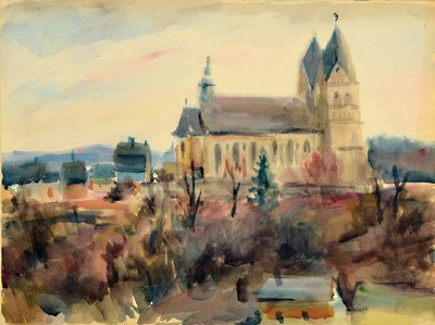 Paul Drossé, 1904 Koblenz-1966 Tübingen, Blick auf Ravengiersburg und die Kirche St. Christophorus, die "Hunsrückdom" genannt wird, ...