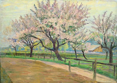 Carl Schmitz-Pleis, 1877 Süchterscheid-1943 Düsseldorf, Blühende Bäume im Pleistal, rückseitig so betitelt, Öl/Malkarton, rückseitig ...
