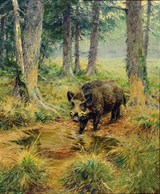 Wilhelm Buddenberg, 1890 Trier-1967 Neuss, Keiler im Wald, Öl/Lwd, links unten sign., ca. 60x50cm, R. ca. 73x63cm