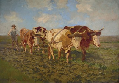 Viktor Weishaupt, 1848 München-1905 Karlsruhe, Pflügender Bauer mit Ochsengespann, Öl/Lwd, links unten sign., ca. 102x148cm, Lit. vgl. Boetticher ...