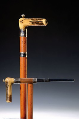 Systemstock mit Percussionspistole, London, England, 1888, Holzschuß, gerader Hakengriff aus Bein, gebläuter Lauf, integrierter Schlagbolzen mit ...