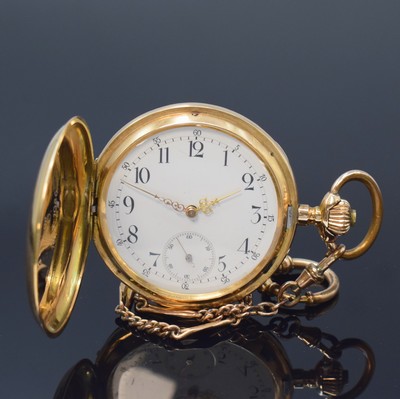 ECLIPSE Herrensavonette in RoseG 585/000 mit vergoldeter Kette, Schweiz um 1910, 3- Deckel Goldgeh. dell., Sprung- (m. Monogramm) u. Rückdeckel ...