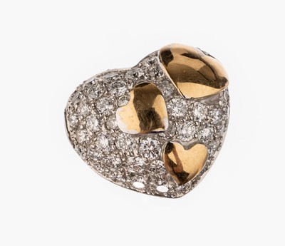 18 kt Gold Brillant-Anhänger "Herz", WG/GG 750/000, Brillanten zus. ca. 0.87 ct Weiß/si, aufgelegte GG-Herzen, ca. 6.3 g