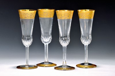 6 Sektflöten, St. Louis, Thistle, Kristallglas, geschliffen, vergoldet