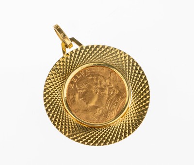 18 kt Gold Münz-Anhänger, GG 750/000, lose gefasste Goldmünze, 20 Franken, sogn. Vreneli,D. ca. 3.5 cm, ca. 13.6 g