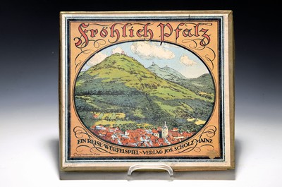 Reise-Würfelspiel der Pfalz, "Fröhlich Pfalz", aus der Sammlung "Scholz", um 1900/10, künstlerische Spiele, Inhalt: ein ...