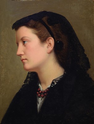 Maler der Münchener Schule, 2. Hälfte 19. Jh., Porträt einer jungen Frau mit sehnsüchtigem Blick, Öl/Lwd, rest., ca. 47x37cm, goldfarbener ...